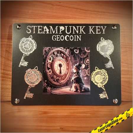 Steampunk Key Geocoin - 4er Komplettset incl. XLE "Shiny Nickel"
