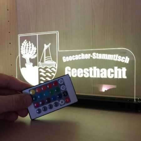 Geocaching "Stammtischwimpel" mit LED-Beleuchtung und Fernbedienung