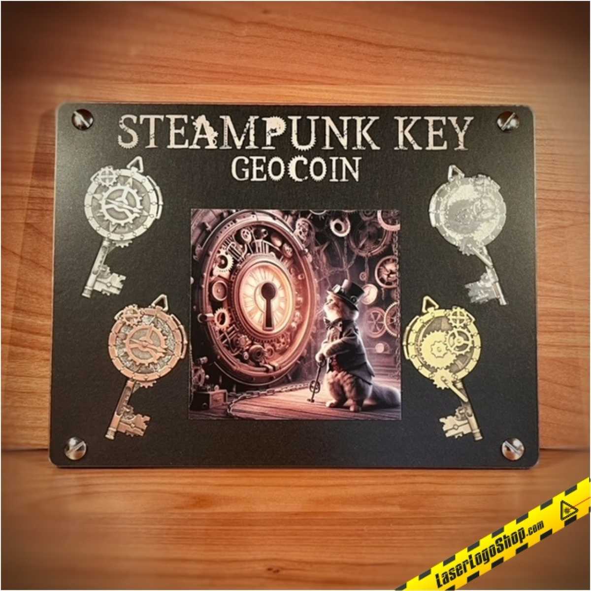 Steampunk Key Geocoin - 1 Coin wahlweise Edition "Antik Gold" / "Antik Silber" / Antik Kupfer"