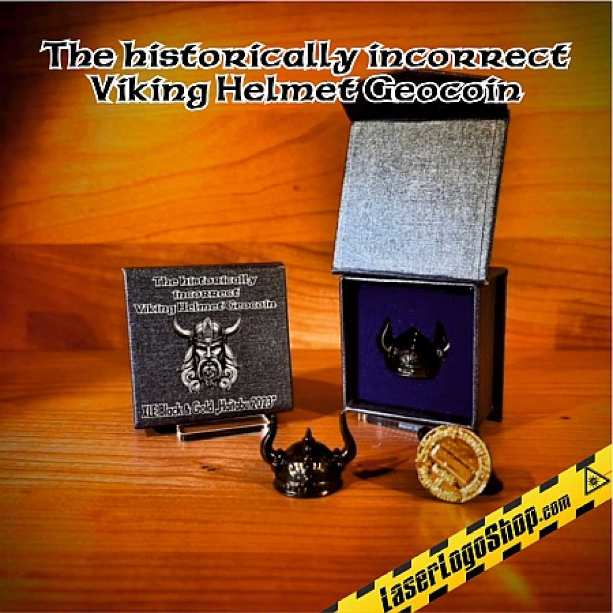 "The historically incorrect Viking Helmet" 3D Geocoin - Version XLE "Haitabu 2023" Two-Tone Black/Gold