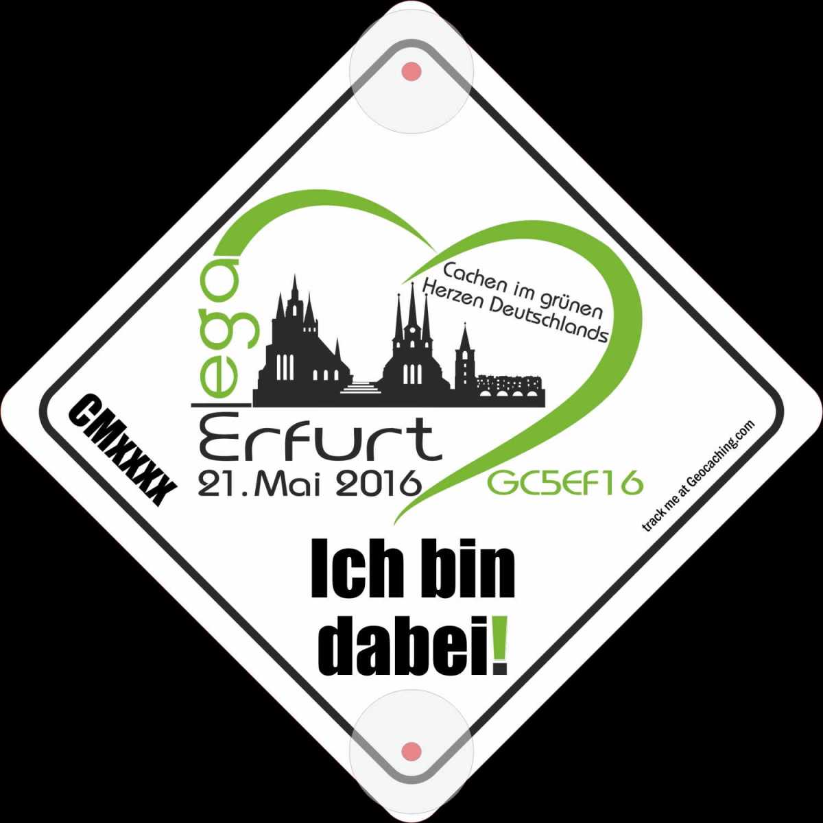 Saugnapfschild - "MEGA Erfurt - Cachen im Grünen Herzen" in zwei Grössen