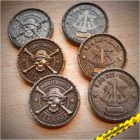 Piratemania Germany 2025 Geocoin Komplett-Set "RE Silbertaler", "LE Golddublone" und "XLE Schwarzer Achter"